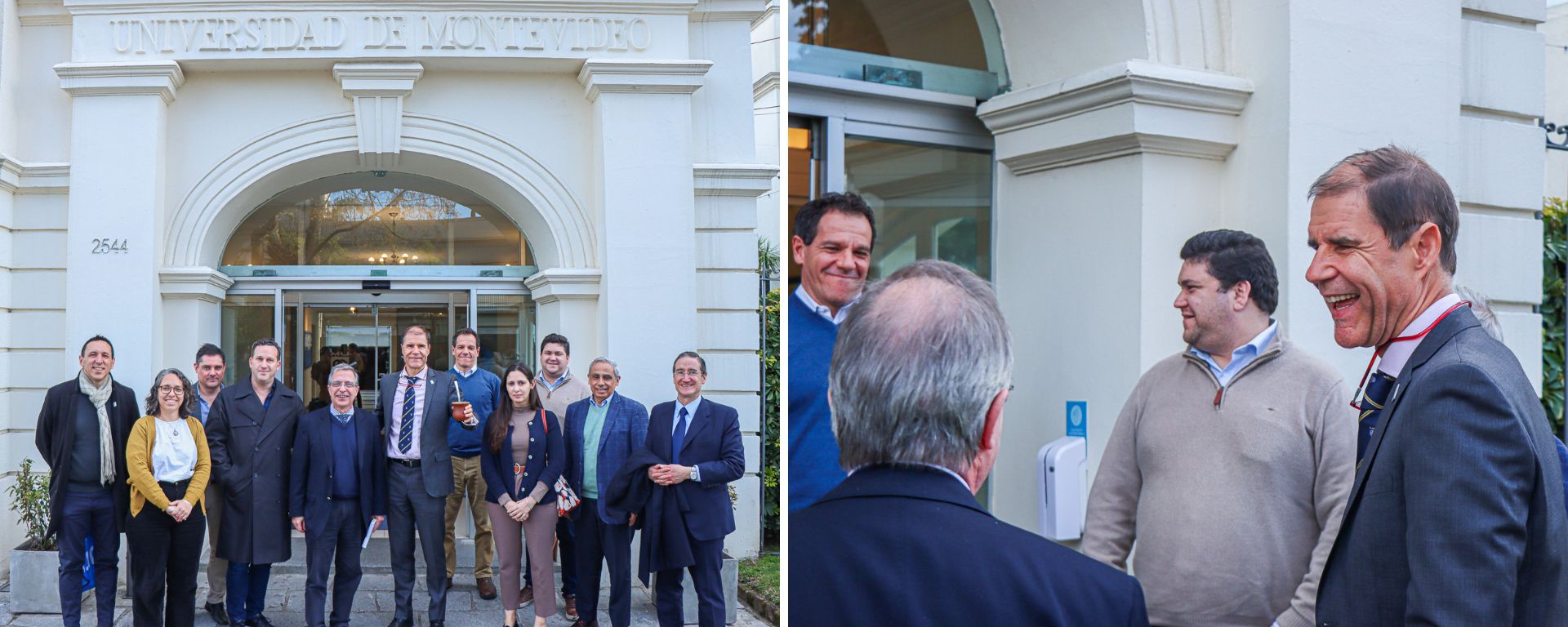 El Dr. Mathis Wackernagel y autoridades de la UM en la entrada del edificio central de la institución