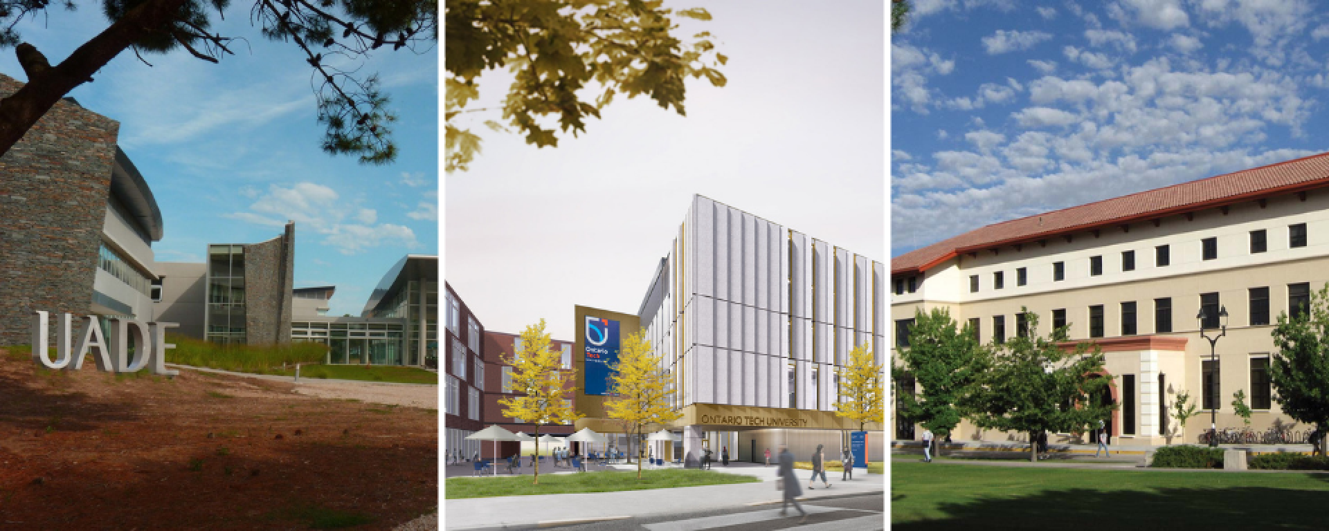 Fotos parciales de los edificios de las tres universidades con los que la UM firmó un convenio en 2020.